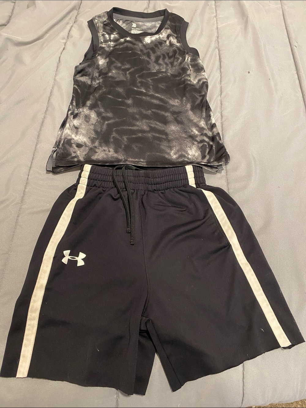 Set of 2 Kids Under Armour Black Shorts with  all in motion, tie-dbye s shirt